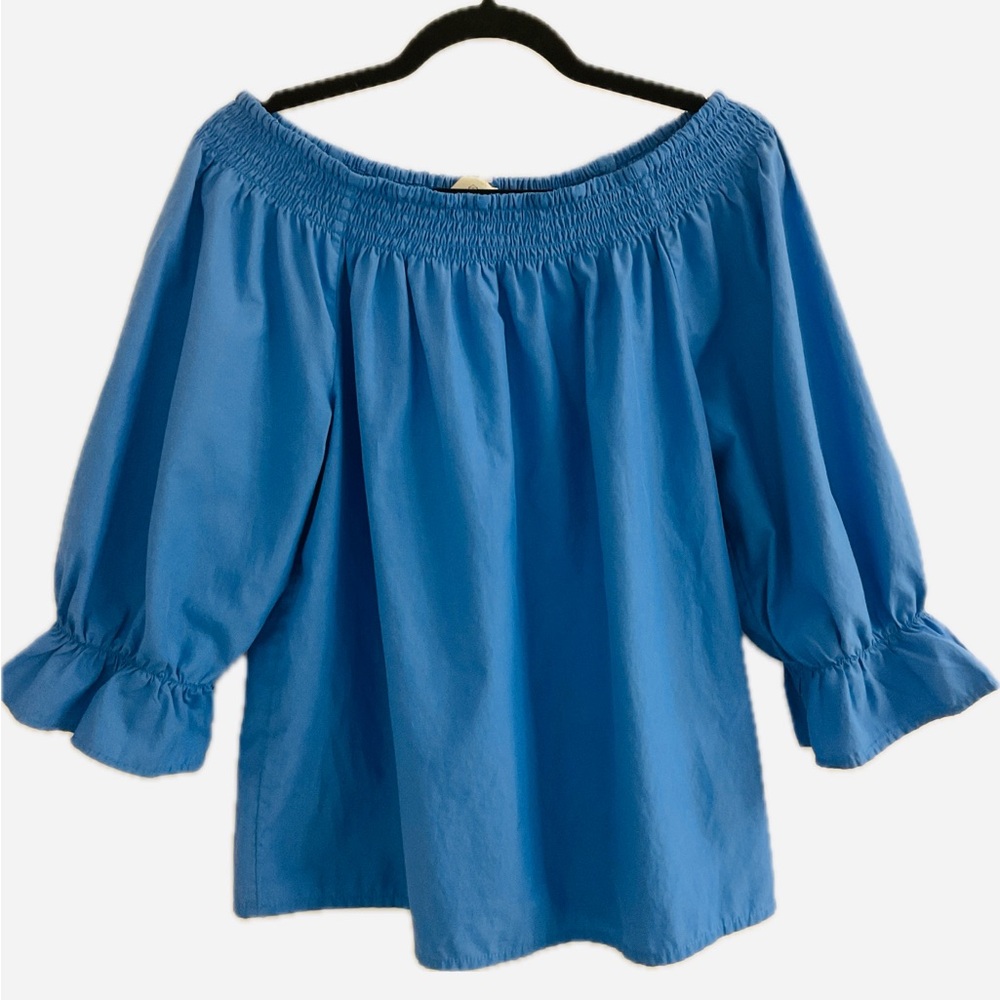 KAFFE Pretty Summer Blue Smocked Off the Shoulder Blouse